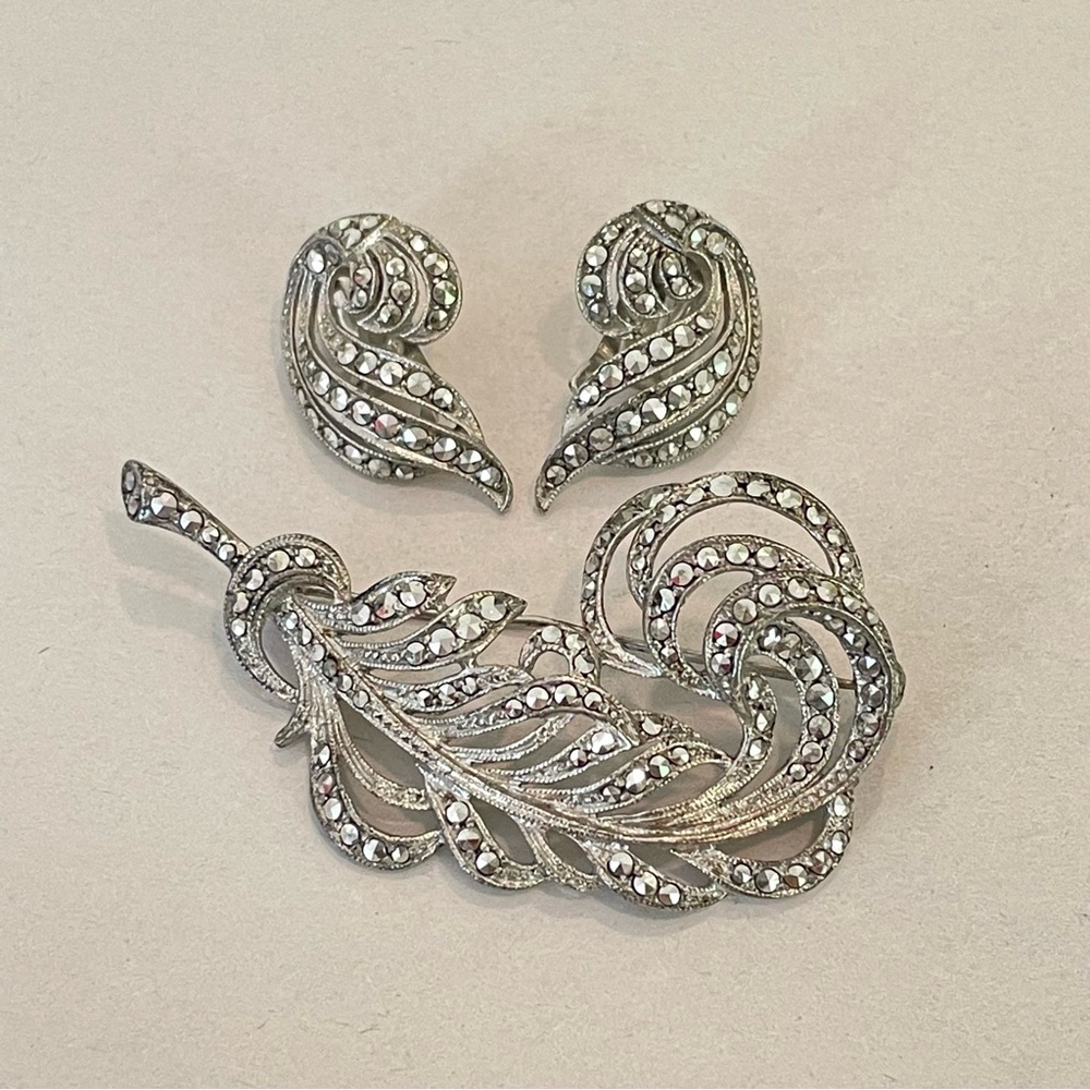 Vintage West Germany Sterling Silver 800 Rhinestone Brooch & Earrings Set Metall - Picture 2 of 13